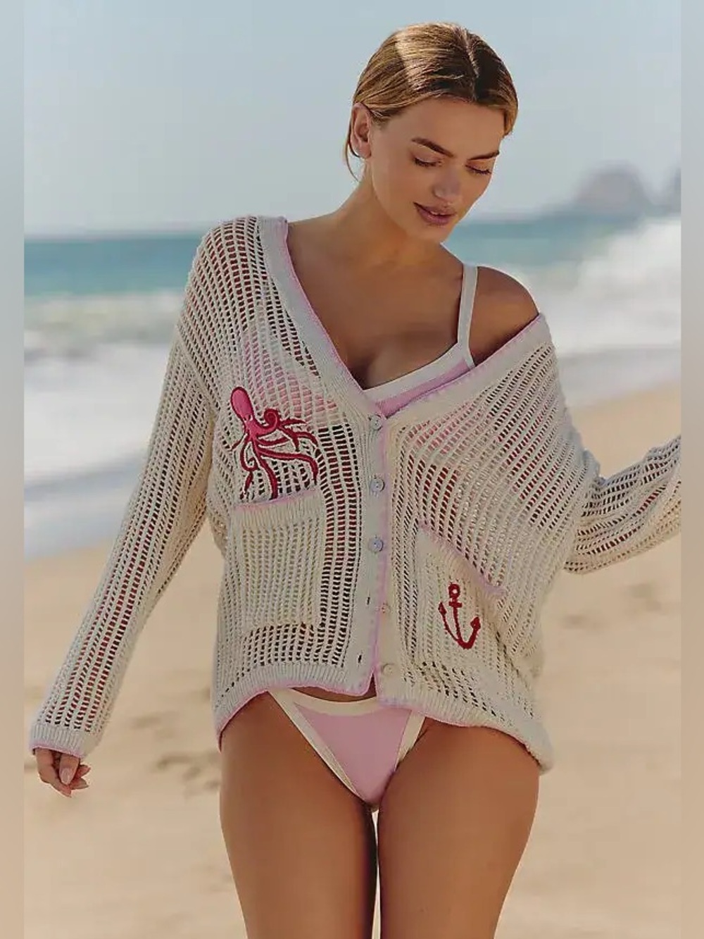 Celandine whipstitch cardigan sweater embroidered coastal Ivory Sheer Beach XS